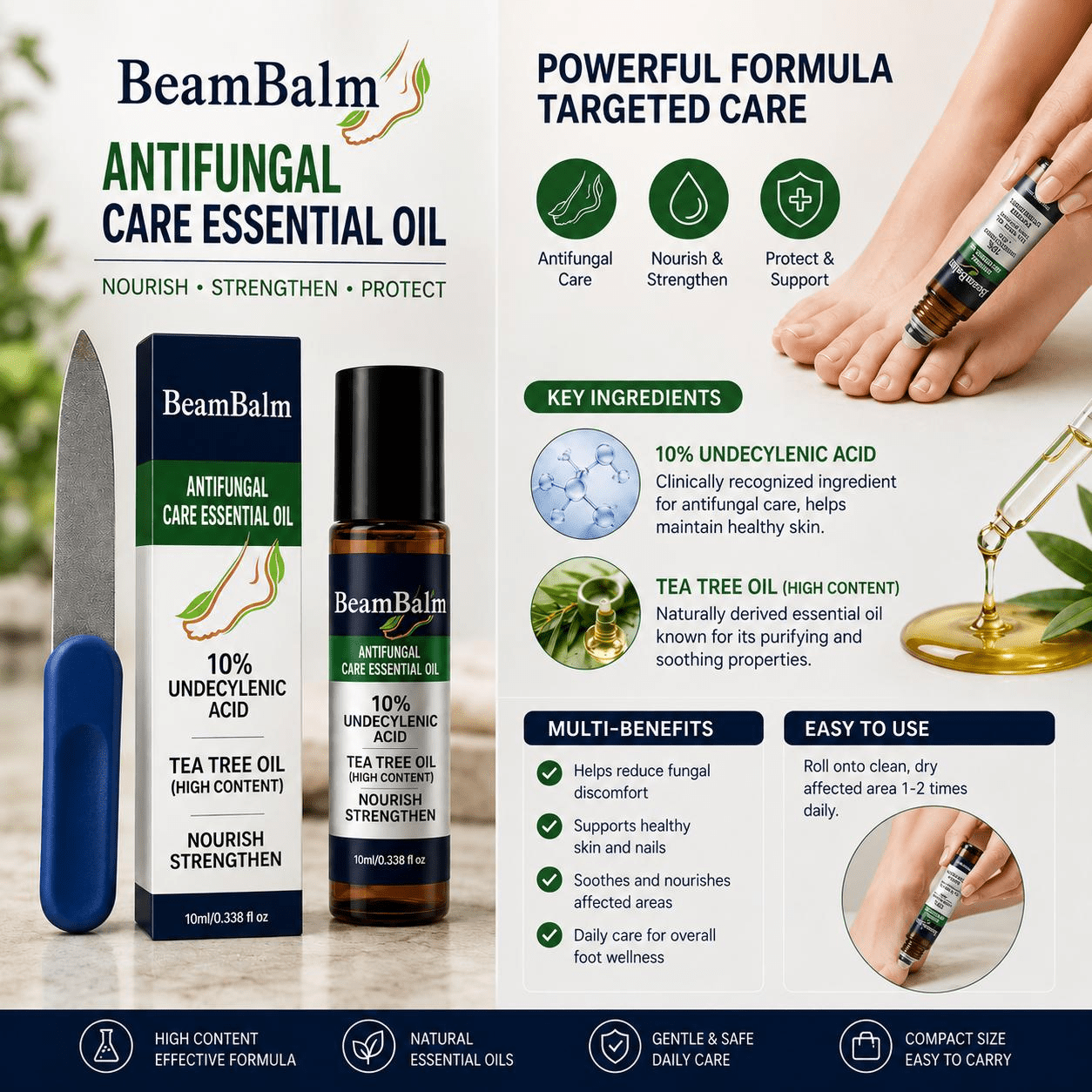 Sérum Roller Antifúngico Premium (10ml) | 10% Ácido Undecilénico, 90% Aceite de Árbol de Té de Alta Concentración | Sérum para el Cuidado de las Uñas con Problemas Fúngicos | Apto para Hombres y Mujeres.