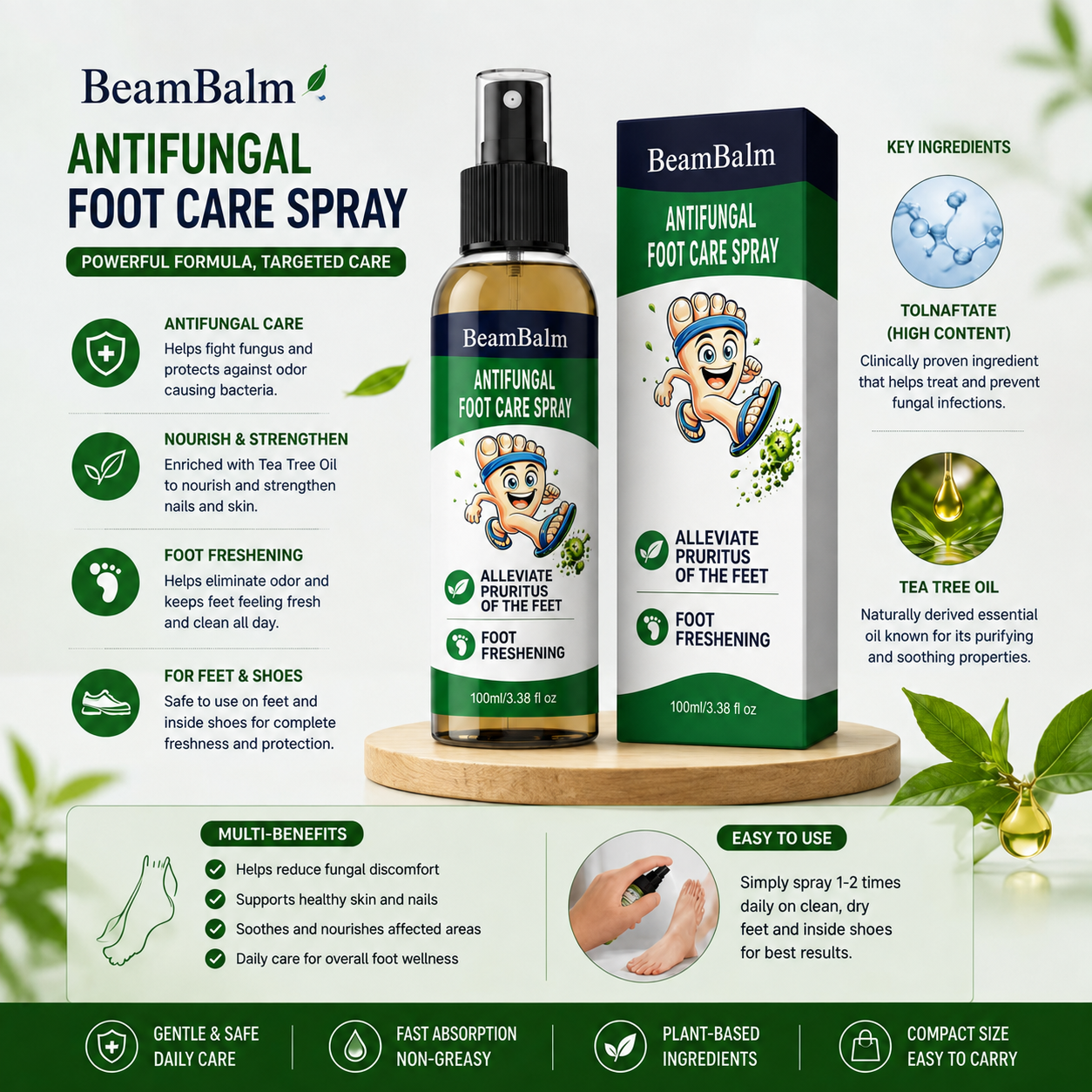 BeamBalm® Antifungal Foot Care Spray with 1% Tolnaftate and tea tree oil for athlete’s foot and daily foot care