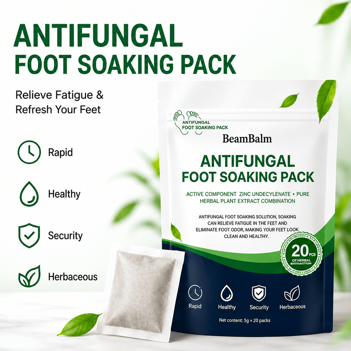 Paquete de remojo de pies antifúngico BeamBalm con 20 sobres individuales de hierbas para remojar los pies y mantenerlos saludables