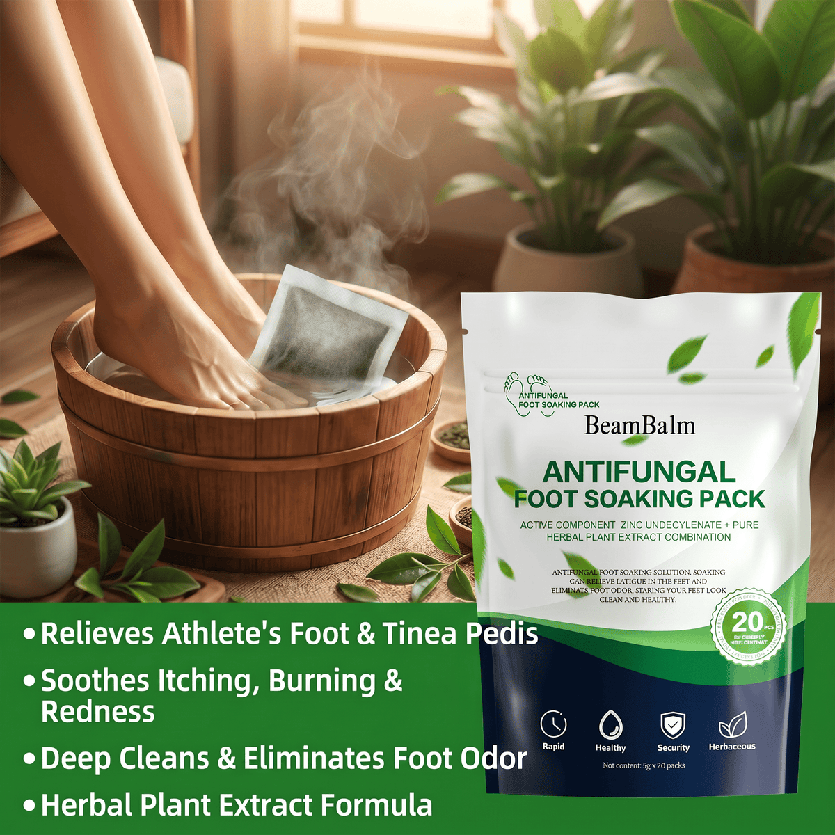 Paquete de remojo de pies antifúngico BeamBalm en uso para el pie de atleta, que ayuda a aliviar la picazón, el ardor y el enrojecimiento, eliminar el mal olor de los pies y limpiar profundamente los pies con una fórmula a base de hierbas.