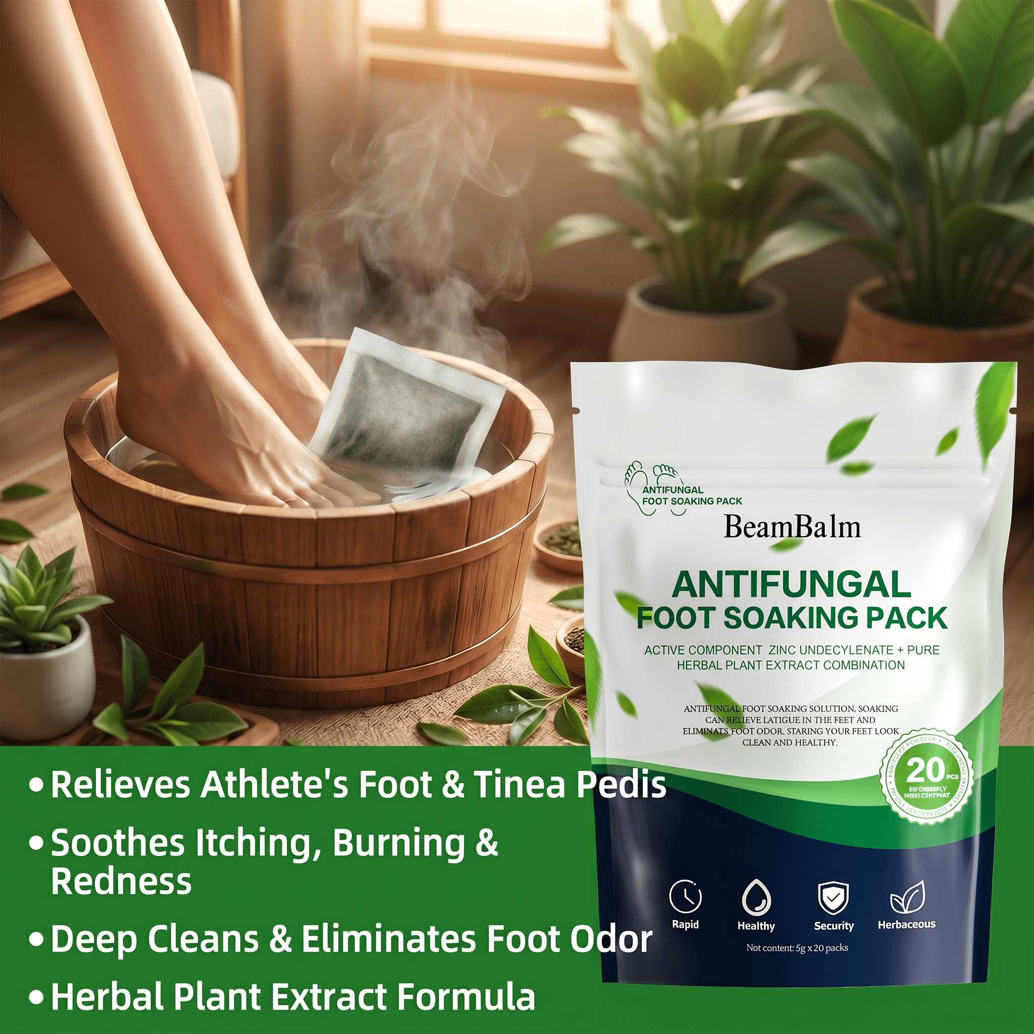 BeamBalm Antifungal Foot Soak Pack in use for athlete's foot, helping relieve itching, burning, redness, eliminate foot odor, and deeply cleanse feet with a herbal formula.