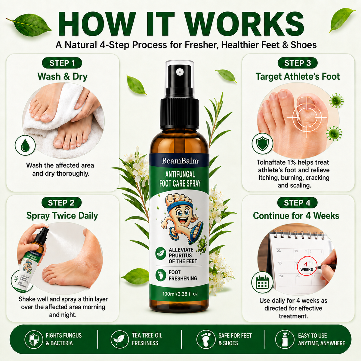 How to use BeamBalm® Antifungal Foot Care Spray with a 4-step daily foot care routine for athlete’s foot