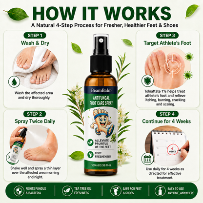 How to use BeamBalm® Antifungal Foot Care Spray with a 4-step daily foot care routine for athlete’s foot