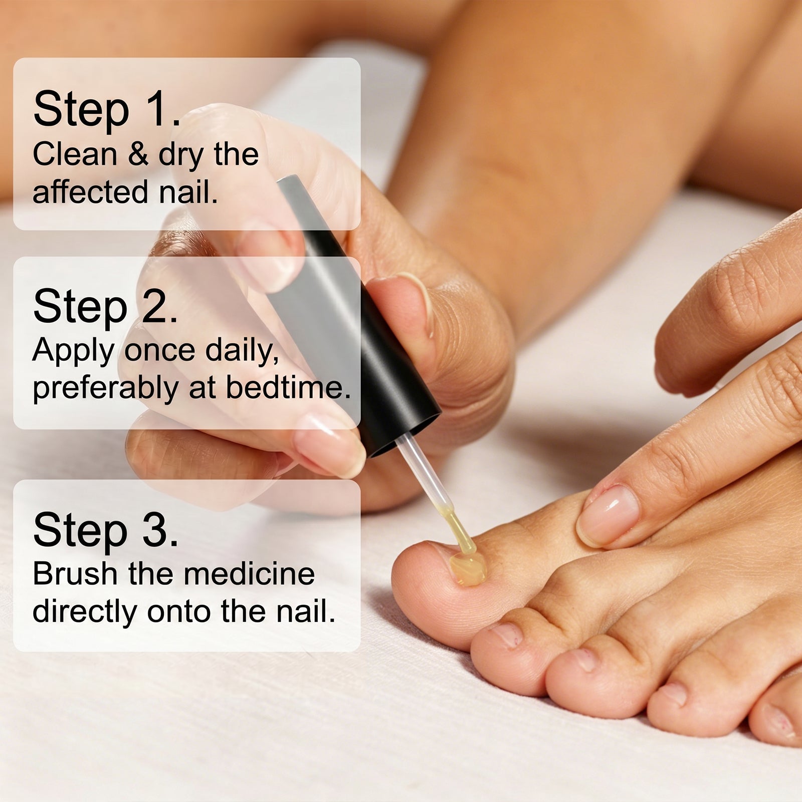 BeamBalm Antifungal Nail Liquid showing how to apply treatment on affected toenails