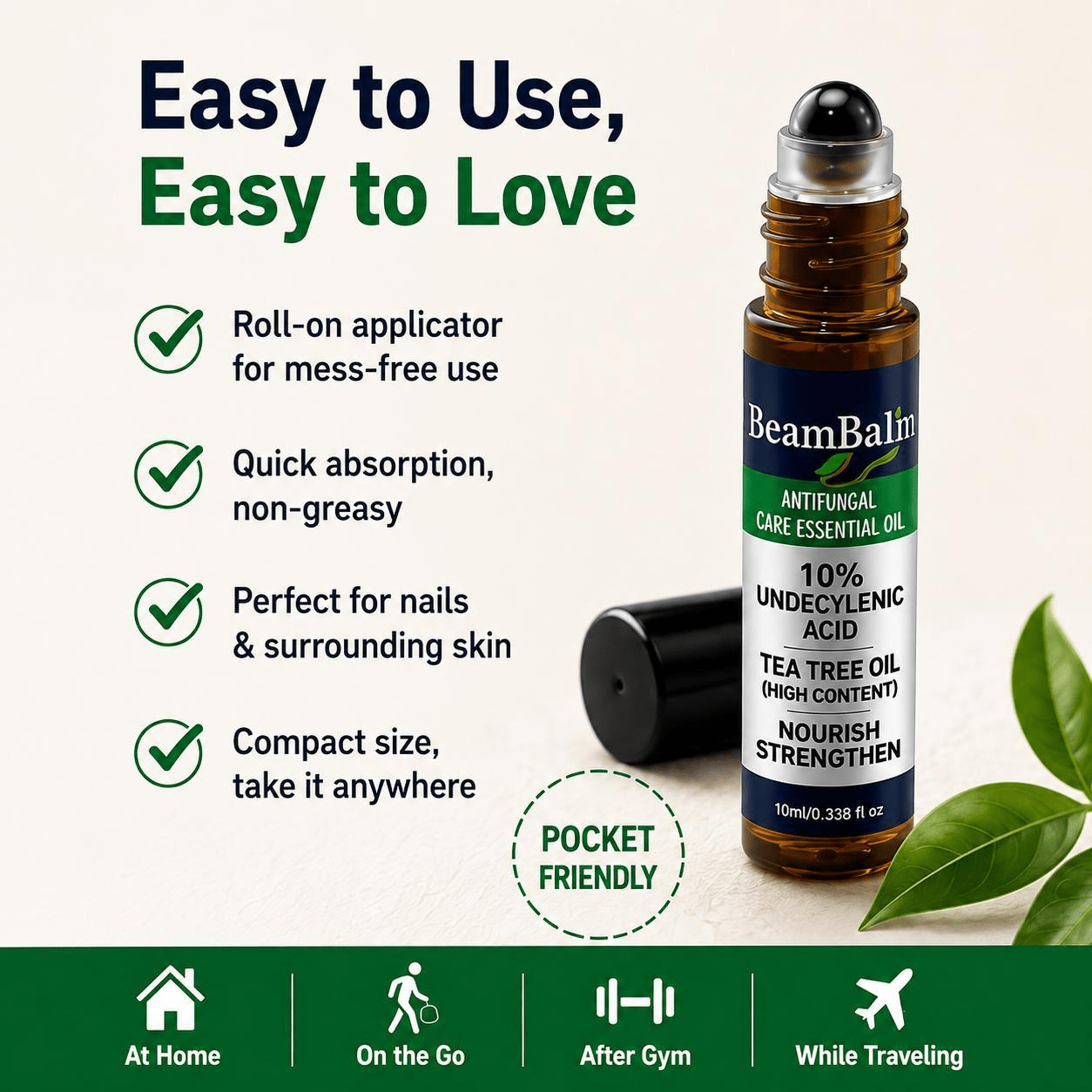 Sérum Roller Antifúngico Premium (10ml) | 10% Ácido Undecilénico, 90% Aceite de Árbol de Té de Alta Concentración | Sérum para el Cuidado de las Uñas con Problemas Fúngicos | Apto para Hombres y Mujeres.
