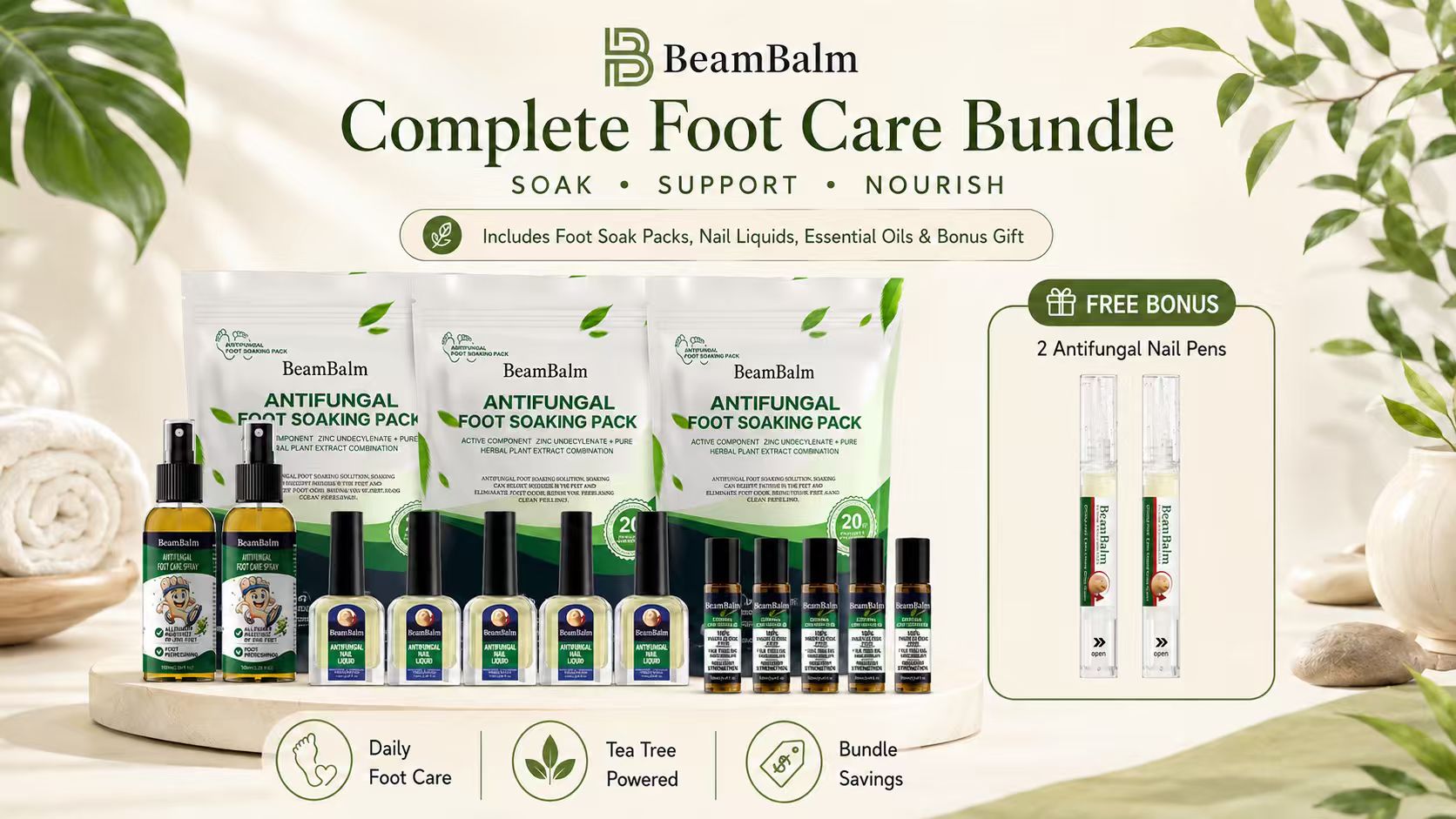 BeamBalm Complete Foot Care Bundle — foot soak packs, nail liquids, essential oils and bonus gift