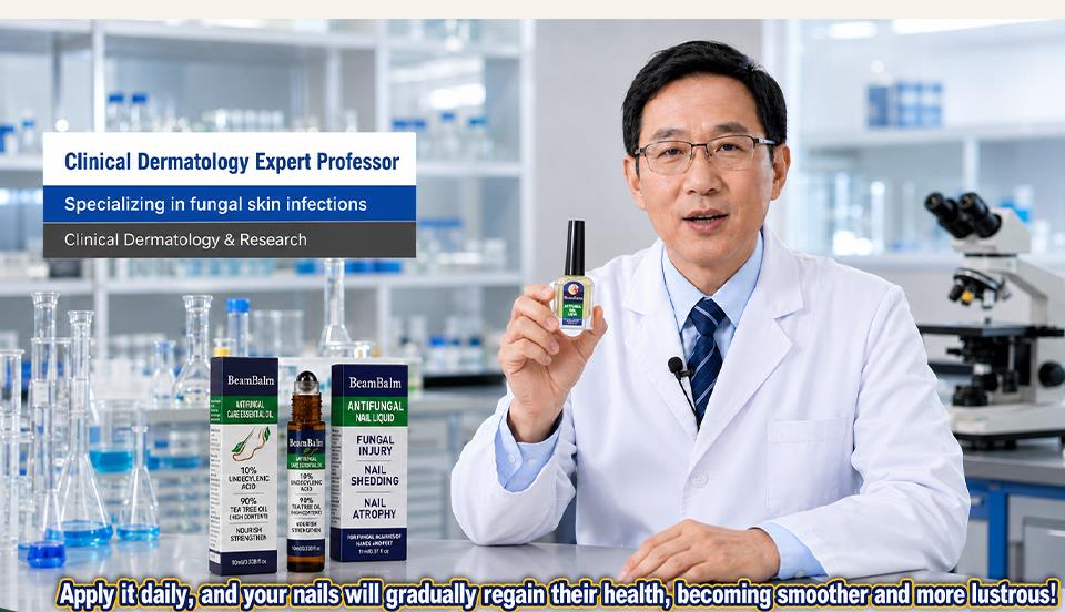 Clinical dermatology expert holding BeamBalm antifungal nail liquid